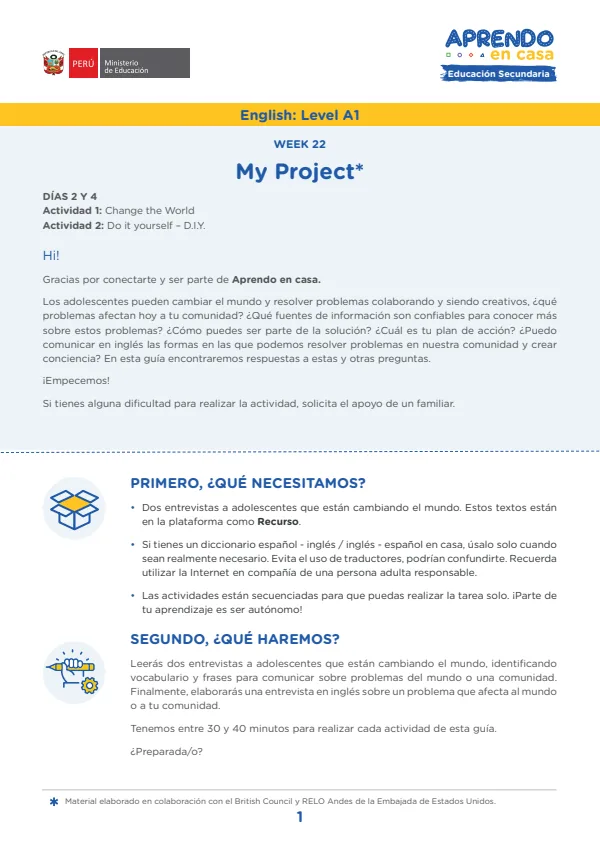 Learning experience W22: My proyect, English: Level A1 - 3.° grado de Secundaria (MINEDU) PDF 1 Portada de Learning experience W22: My proyect, English: Level A1 - 3.° grado de Secundaria - MINEDU