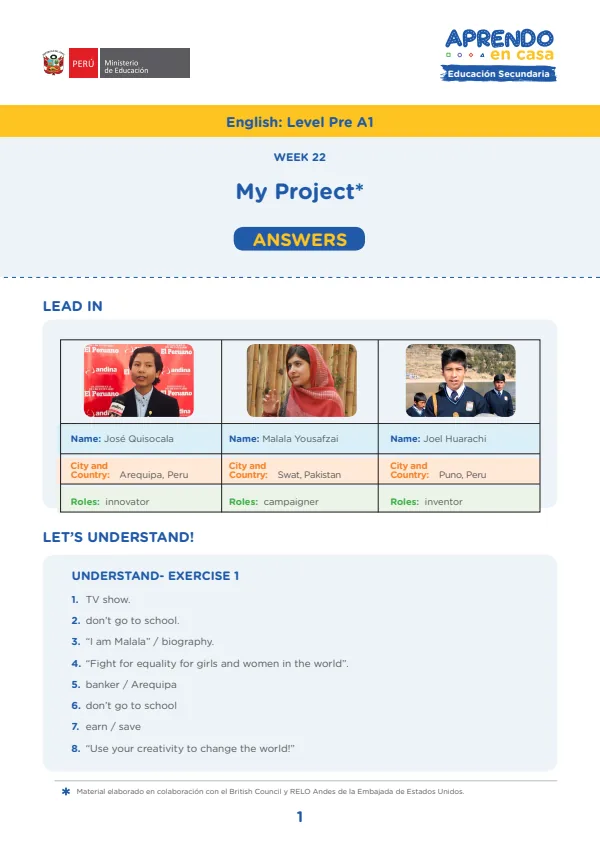 Learning experience W22: My proyect, English: Level Pre A1, Activity, Change the world (MINEDU) PDF 1 Portada de Learning experience W22: My proyect, English: Level Pre A1, Activity, Change the world - Secundaria - MINEDU