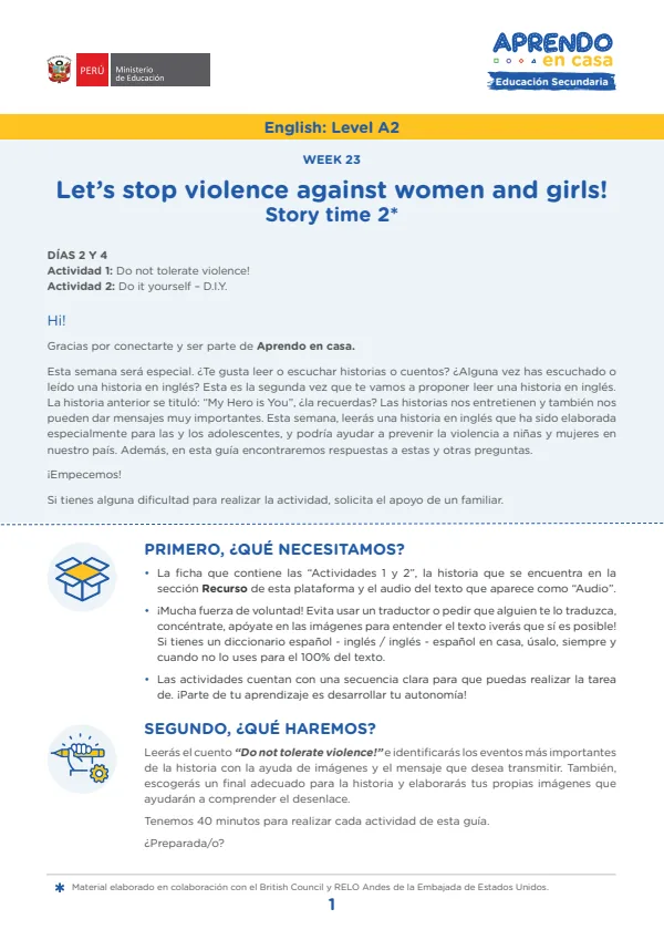 Learning experience W23: Let's stop violence against women and girls!, English: Level A2 (MINEDU) PDF 1 Portada de Learning experience W23: Let's stop violence against women and girls!, English: Level - 4.º grado de Secundaria - MINEDU