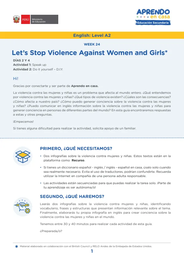 Learning experience W24: Let's stop violence against women and girls!, English: Level A2 (MINEDU) PDF 1 Portada de Learning experience W24: Let's stop violence against women and girls!, English: Level - 4.º grado de Secundaria - MINEDU