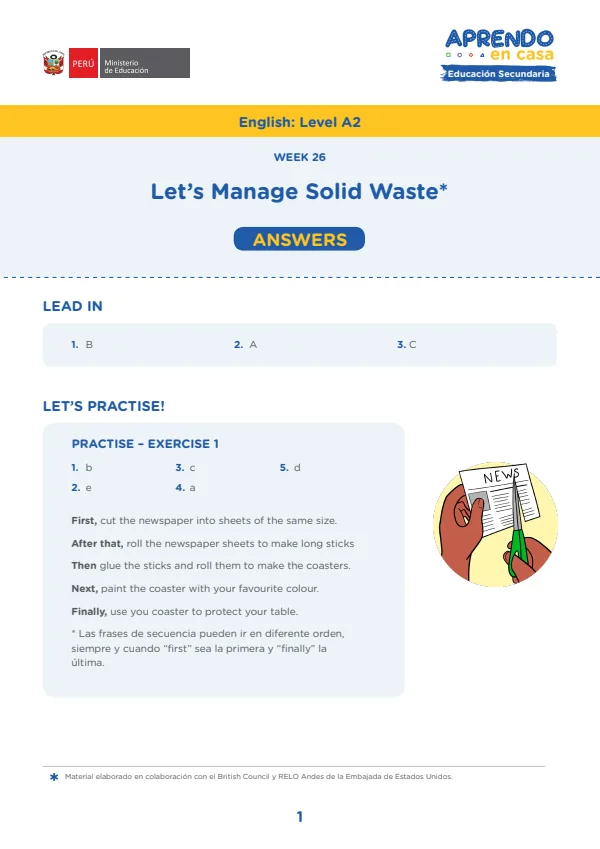 Learning experience W26: Let s Manage Solid Waste, English: Level A2, Activity: Samll changes can make a big difference!, Answers (MINEDU) PDF 1 Portada de Learning experience W26: Let s Manage Solid Waste, English: Level A2, Activity: Samll - Guías docentes - MINEDU