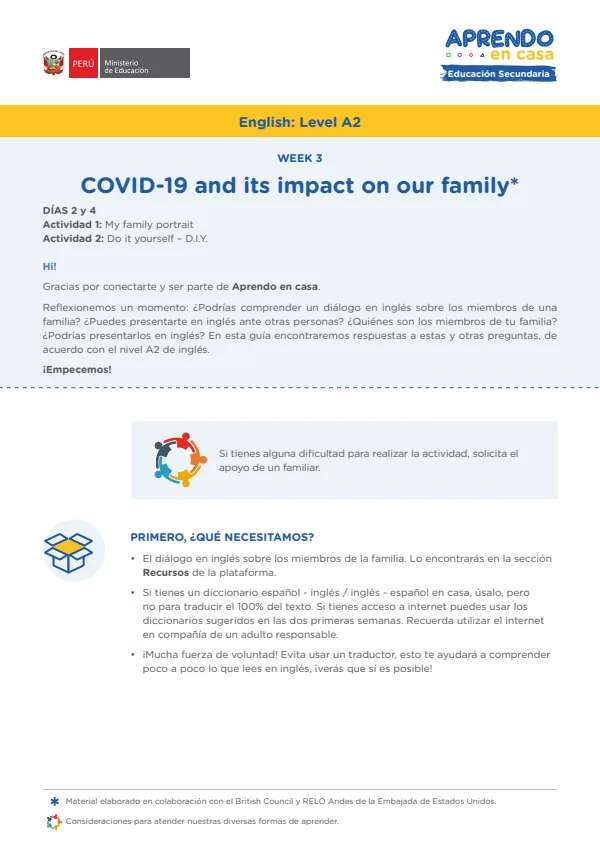 Learning experience W3: Covid-19 and its impact on our family. English: Level A2 - 4.° grado de Secundaria (MINEDU) PDF 1 Portada de Learning experience W3: Covid-19 and its impact on our family. English: Level A2 - 4.° - 4.º grado de Secundaria - MINEDU