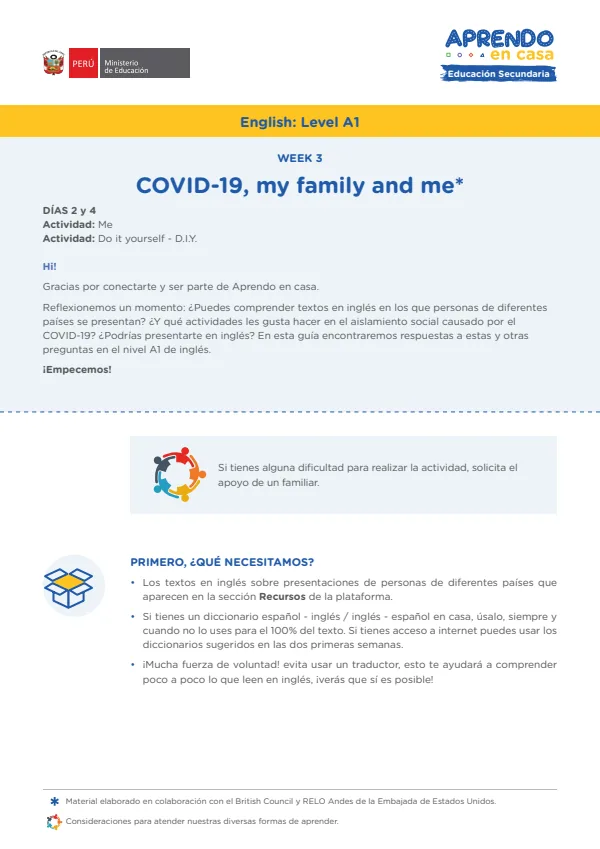 Learning experience W3: Covid 19 - My family and me. English: Level A1 - 3.° grado de Secundaria (MINEDU) PDF 1 Portada de Learning experience W3: Covid 19 - My family and me. English: Level A1 - 3.° grado - MINEDU