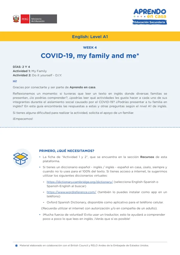 Learning experience W4: COVID-19, my family and me. English: Level A1 - 3.° grado de Secundaria (MINEDU) PDF 1 Portada de Learning experience W4: COVID-19, my family and me. English: Level A1 - 3.° grado - MINEDU