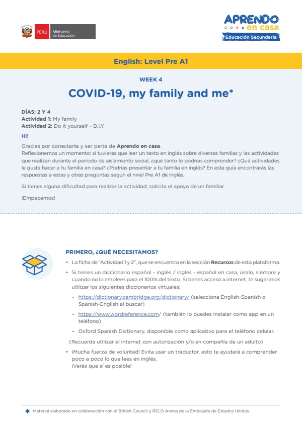 Learning experience W4: Covid 19 - My family and me. English: Level Pre A1 - Secundaria (MINEDU) PDF 1 Portada de Learning experience W4: Covid 19 - My family and me. English: Level Pre A1 - Secundaria - MINEDU