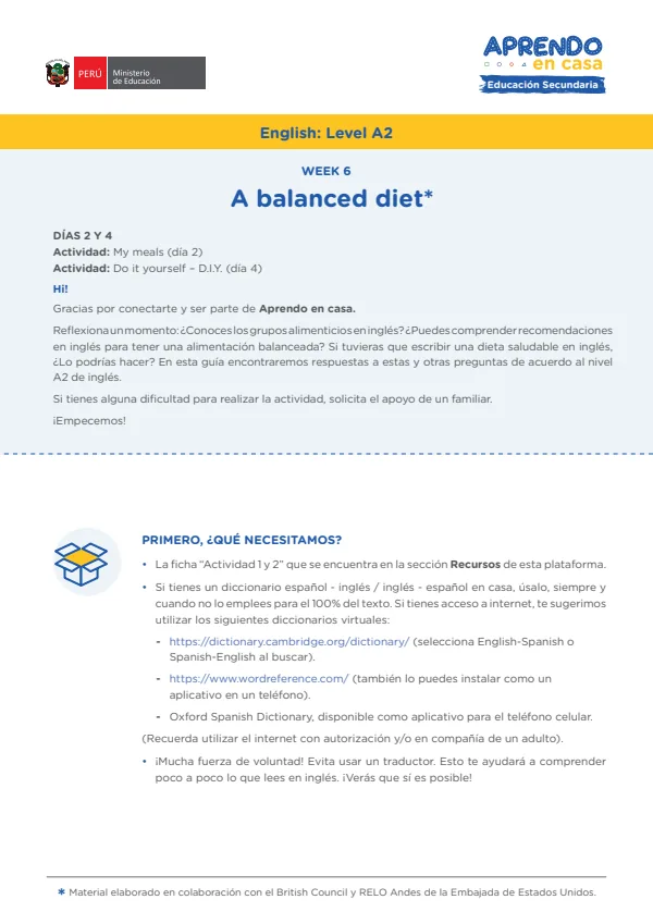 Learning experience W6: A balanced diet. English: Level A2 - 4.° grado de Secundaria (MINEDU) PDF 1 Portada de Learning experience W6: A balanced diet. English: Level A2 - 4.° grado de Secundaria - MINEDU