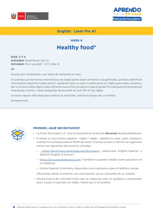Learning experience W6: Healthy food. English: Level Pre A1 - Secundaria (MINEDU) PDF 1 Portada de Learning experience W6: Healthy food. English: Level Pre A1 - Secundaria - MINEDU