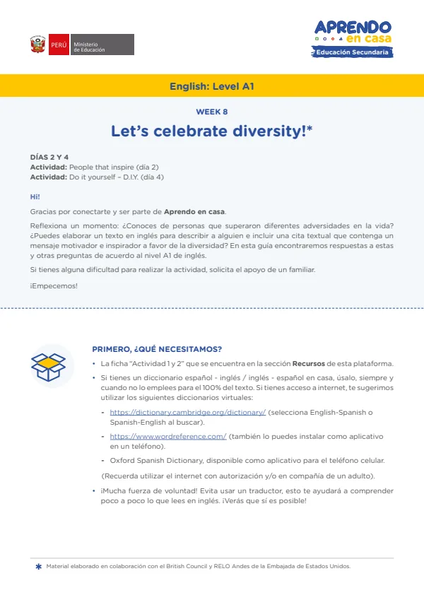Learning experience W7: Let's Celebrate diversity! English: Level A1, Activity: People thar inspire (MINEDU) PDF 1 Portada de Learning experience W7: Let's Celebrate diversity! English: Level A1, Activity: People - 3.º grado de Secundaria - MINEDU