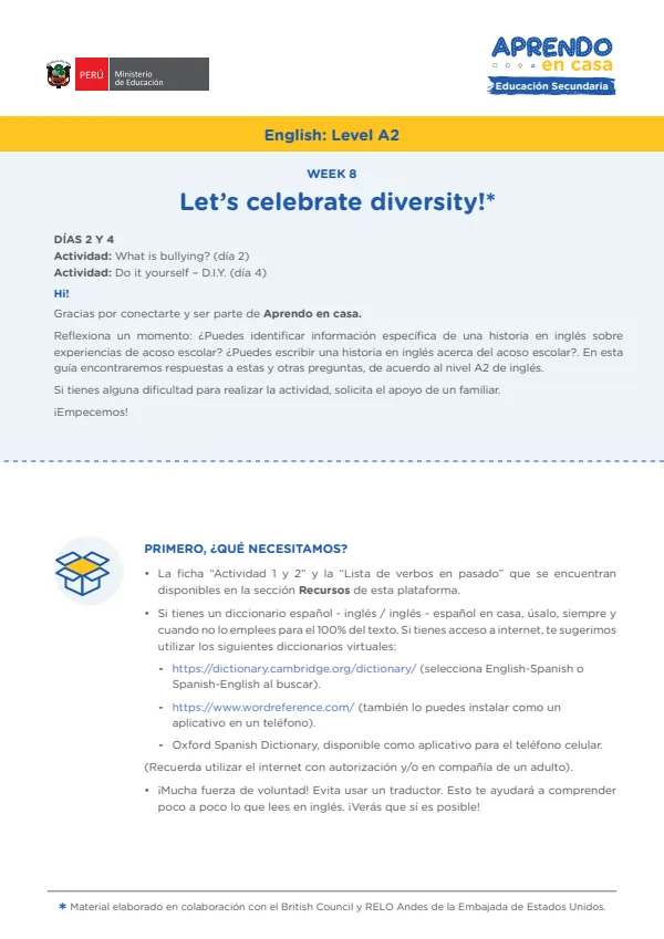 Learning experience W7: Let's Celebrate diversity!, English: Level A2 - 4.° grado de Secundaria (MINEDU) PDF 1 Portada de Learning experience W7: Let's Celebrate diversity!, English: Level A2 - 4.° grado - MINEDU