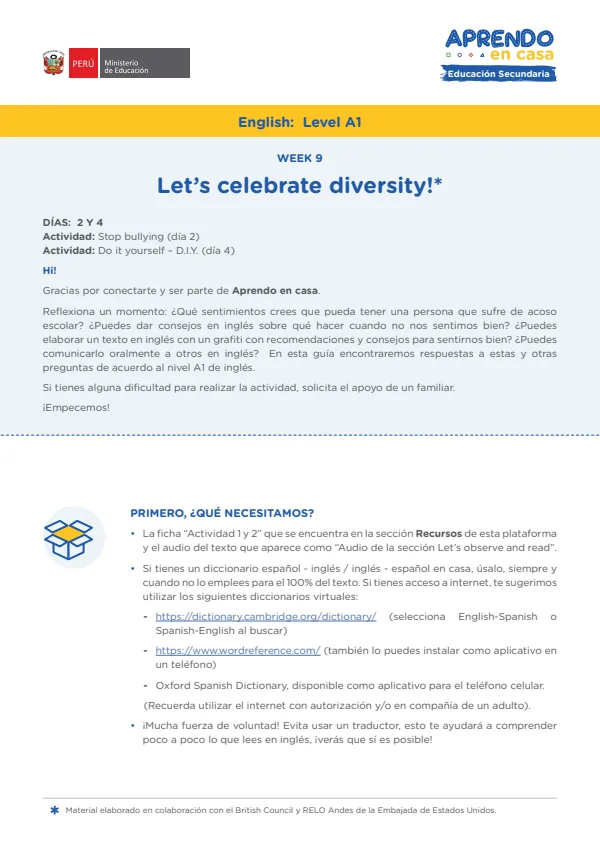 Learning experience W8: Let's Celebrate diversity! English: Level A1 - 3.° grado de Secundaria (MINEDU) PDF 1 Portada de Learning experience W8: Let's Celebrate diversity! English: Level A1 - 3.° grado - MINEDU