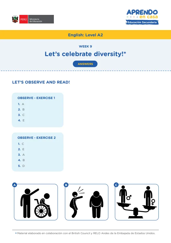 Learning experience W8: Let's Celebrate diversity! English: Level A2, Activity: A story about diversity (MINEDU) PDF 1 Portada de Learning experience W8: Let's Celebrate diversity! English: Level A2, Activity: A story - 4.º grado de Secundaria - MINEDU
