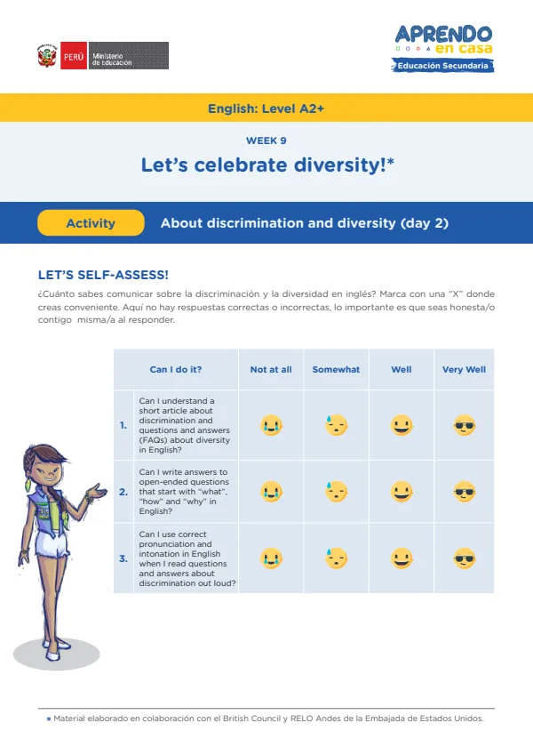 Learning experience W8: Let's Celebrate diversity!, English: Level A2+, Activity: About discrimination and diversity (MINEDU) PDF 1 Portada de Learning experience W8: Let's Celebrate diversity!, English: Level A2+, Activity: About - 5.º grado de Secundaria - MINEDU