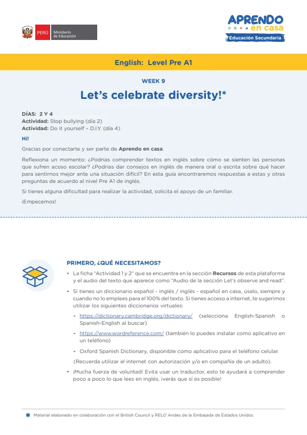 Learning experience W8: Let's Celebrate diversity! English: Level Pre A1 - Secundaria (MINEDU) PDF 1 Portada de Learning experience W8: Let's Celebrate diversity! English: Level Pre A1 - Secundaria - MINEDU