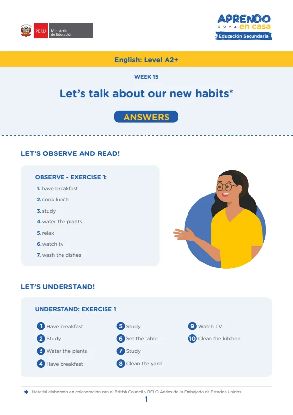 Learning W15: Let's talk about our new habits, English: Level A2+, Activity: My new normal (MINEDU) PDF 1 Portada de Learning W15: Let's talk about our new habits, English: Level A2+, Activity: My new - 5.º grado de Secundaria - MINEDU