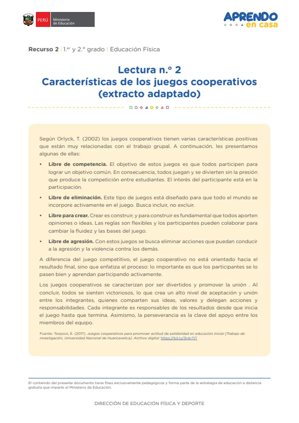 Lectura n. 2 Características de los juegos cooperativos (extracto adaptado) - Secundaria (MINEDU) PDF 1 Portada de Lectura n. 2 Características de los juegos cooperativos (extracto adaptado) - Secundaria - MINEDU