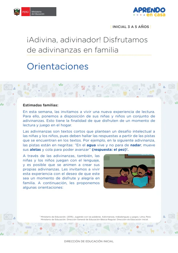 Leemos Juntos: Orientaciones ¡Adivina, adivinador! Disfrutamos de adivinanzas en familia. Inicial 3 a 5 años (MINEDU) PDF 1 Portada de Leemos Juntos: Orientaciones ¡Adivina, adivinador! Disfrutamos de adivinanzas - Aprendo en Casa - MINEDU