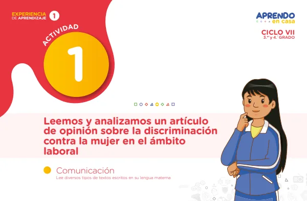 Leemos y analizamos un artículo de opinión sobre la discriminación contra la mujer en el ámbito laboral" (MINEDU) PDF 1 Portada de Leemos y analizamos un artículo de opinión sobre la discriminación contra la mujer - Secundaria - MINEDU