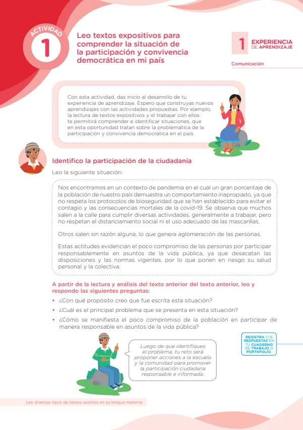 Leo textos expositivos para comprender la situación de participación y convivencia democrática en mi país: experiencia aprendizaje 1. Comunicación (MINEDU) PDF 1 Portada de Leo textos expositivos para comprender la situación de participación y convivencia - Secundaria - MINEDU