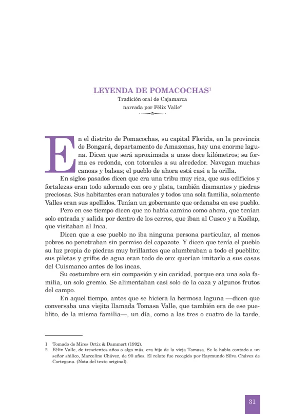 Leyenda de Pomacocha. Tradición oral de Cajamarca narrada por Félix Valle - 1.° grado de Secundaria (MINEDU) PDF 1 Portada de Leyenda de Pomacocha. Tradición oral de Cajamarca narrada por Félix Valle - 1.° grado - MINEDU