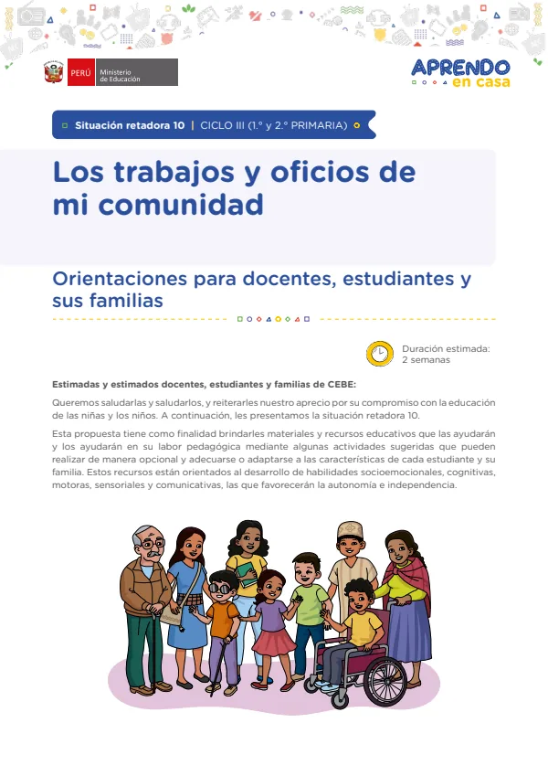 Los trabajos y oficios de mi comunidad - Mateaprendiendo: Situación retadora 10. Ciclo III (1. y 2. Primaria) (MINEDU) PDF 1 Portada de Los trabajos y oficios de mi comunidad - Mateaprendiendo: Situación retadora 10. Ciclo - Educación Básica Especial (EBE) - MINEDU