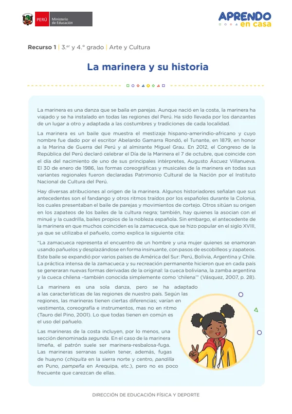 Marinera y su historia , 3.er y 4. grado (MINEDU) PDF 1 Portada de Marinera y su historia , 3.er y 4. grado - MINEDU