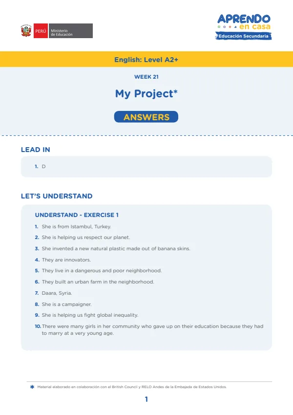 My proyect, English: Level A2+, Activity: Look around, Answers - 5.° grado de Secundaria (MINEDU) PDF 1 Portada de My proyect, English: Level A2+, Activity: Look around, Answers - 5.° grado de Secundaria - MINEDU