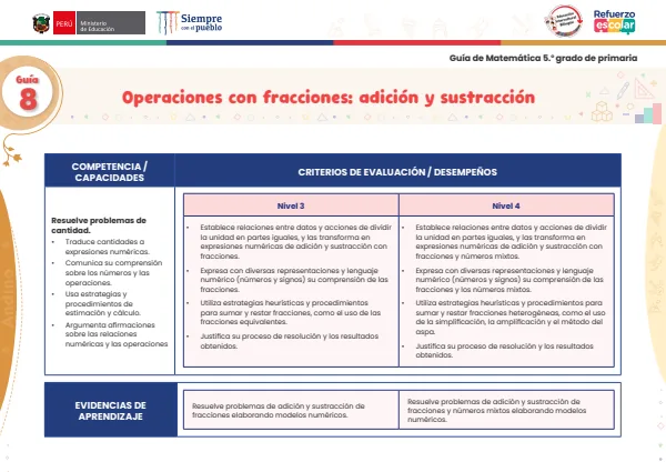 Operaciones con fracciones: adición y sustracción: guía 8 - matemática - andino. 5 (MINEDU) PDF 1 Portada de Operaciones con fracciones: adición y sustracción: guía 8 - matemática - andino. 5 - Guías docentes - MINEDU