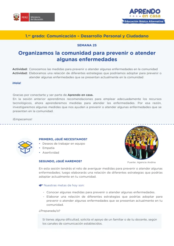 Organizamos la comunidad para prevenir o atender algunas enfermedades - Educación Inicial (MINEDU) PDF 1 Portada de Organizamos la comunidad para prevenir o atender algunas enfermedades - Educación - Educación Básica Alternativa (EBA) - MINEDU