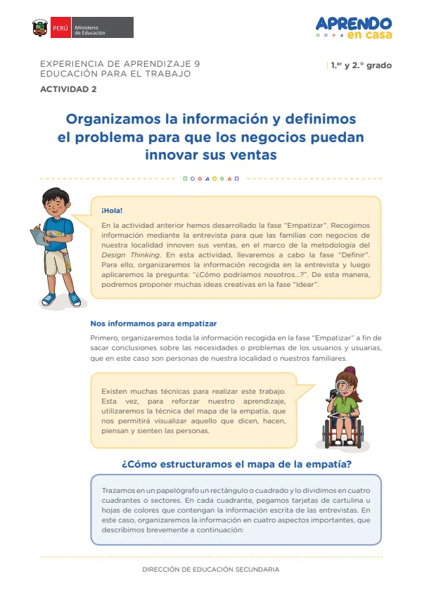 Organizamos la información y definimos el problema para que los negocios puedan innovar sus ventas: experiencia de aprendizaje 9 (MINEDU) PDF 1 Portada de Organizamos la información y definimos el problema para que los negocios puedan innovar - 2.º grado de Secundaria - MINEDU