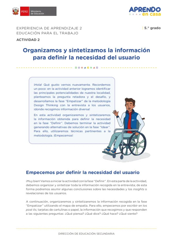 Organizamos y sintetizamos la información para definir la necesidad del usuario: experiencia de aprendizaje 2, Educación para el trabajo (MINEDU) PDF 1 Portada de Organizamos y sintetizamos la información para definir la necesidad del usuario - 5.º grado de Secundaria - MINEDU