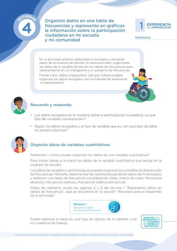 Organizo datos en una tabla de frecuencias y represento en gráficos la información sobre la participación ciudadana en mi escuela y mi comunidad (MINEDU) PDF 1 Portada de Organizo datos en una tabla de frecuencias y represento en gráficos la información - Secundaria - MINEDU