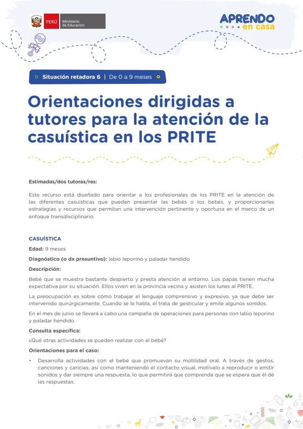 Orientaciones dirigidas a tutores para la atención de la casuística en los PRITE: Situación retadora 6 | De 0 a 9 meses (MINEDU) PDF 1 Portada de Orientaciones dirigidas a tutores para la atención de la casuística en los PRITE - Educación Básica Especial (EBE) - MINEDU
