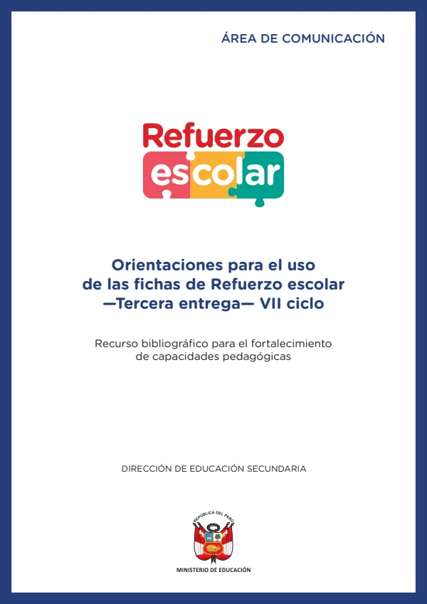 Orientaciones para el uso de las fichas de Refuerzo escolar 2022: Comunicación: 3.er (MINEDU) PDF 1 Portada de Orientaciones para el uso de las fichas de Refuerzo escolar 2022: Comunicación: 3.er - Guías docentes - MINEDU