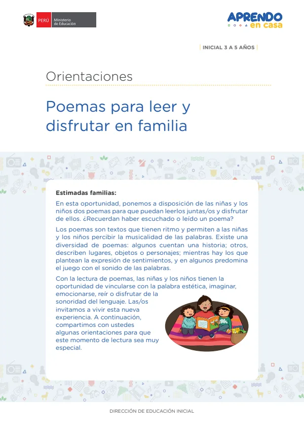 Orientaciones: Poemas para leer y disfrutar en familia - Educación Inicial (MINEDU) PDF 1 Portada de Orientaciones: Poemas para leer y disfrutar en familia - Educación Inicial - MINEDU