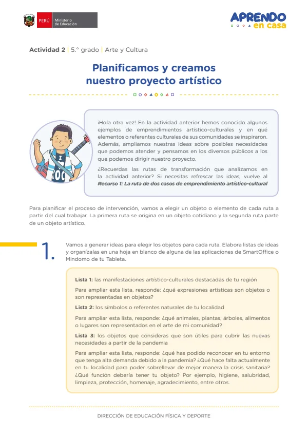 Planificamos y creamos nuestro proyecto artístico - 5.° grado de Secundaria (MINEDU) PDF 1 Portada de Planificamos y creamos nuestro proyecto artístico - 5.° grado de Secundaria - MINEDU