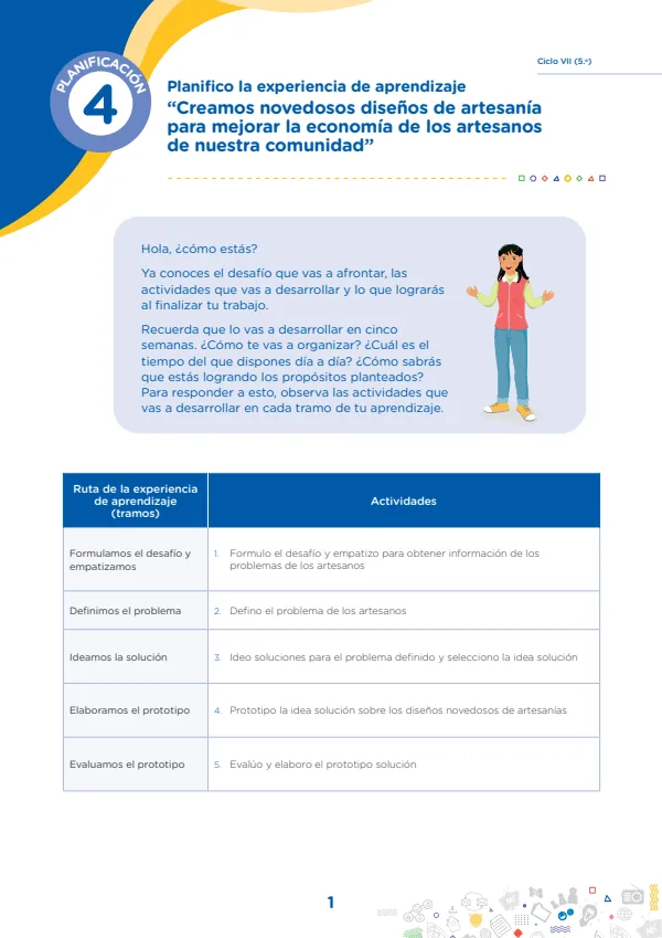 Planifico la experiencia de aprendizaje. Creamos novedosos diseños de artesanía para mejorar la economía de los artesanos de nuestra comunidad (MINEDU) PDF 1 Portada de Planifico la experiencia de aprendizaje. Creamos novedosos diseños de artesanía - 5.º grado de Secundaria - MINEDU
