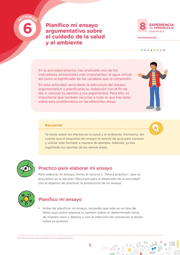 Planifico mi ensayo argumentativo sobre el cuidado de la salud - 5.° grado de Secundaria (MINEDU) PDF 1 Portada de Planifico mi ensayo argumentativo sobre el cuidado de la salud - 5.° grado de Secundaria - MINEDU