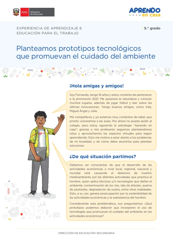 Planteamos prototipos tecnológicos que promuevan el cuidado del ambiente: experiencia de aprendizaje 6, Educación para el trabajo. 5 grado (MINEDU) PDF 1 Portada de Planteamos prototipos tecnológicos que promuevan el cuidado del ambiente: experiencia - 5.º grado de Secundaria - MINEDU