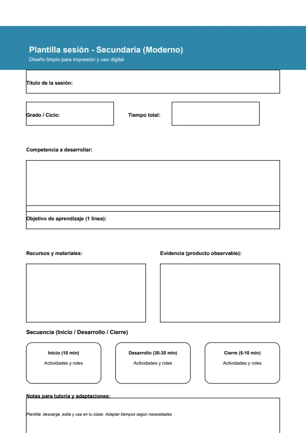 Plantilla práctica para una sesión de secundaria (MINEDU) PDF 1 Portada de Plantilla práctica para una sesión de secundaria - Programas curriculares - MINEDU