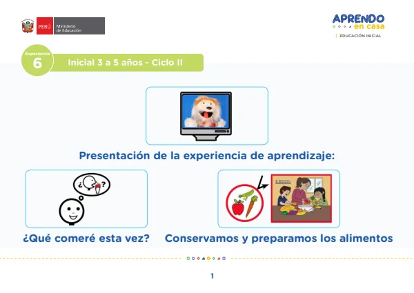 Presentación de la experiencia de aprendizaje: ¿Qué comeré esta vez? Conservamos y preparamos los alimentos (MINEDU) PDF 1 Portada de Presentación de la experiencia de aprendizaje: ¿Qué comeré esta vez? Conservamos - Aprendo en Casa - MINEDU