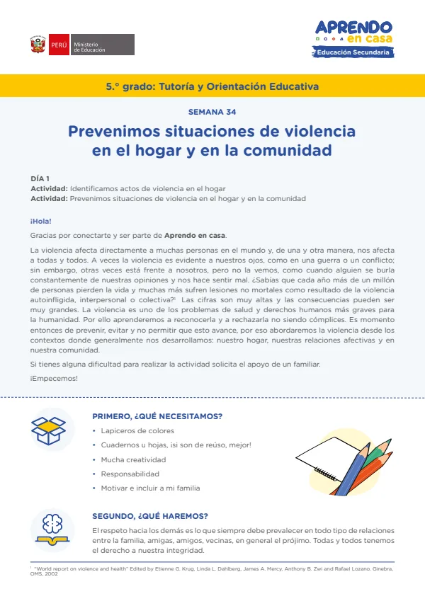 Prevenimos situaciones de violencia en el hogar y en la comunidad - 5.° grado de Secundaria (MINEDU) PDF 1 Portada de Prevenimos situaciones de violencia en el hogar y en la comunidad - 5.° grado - MINEDU