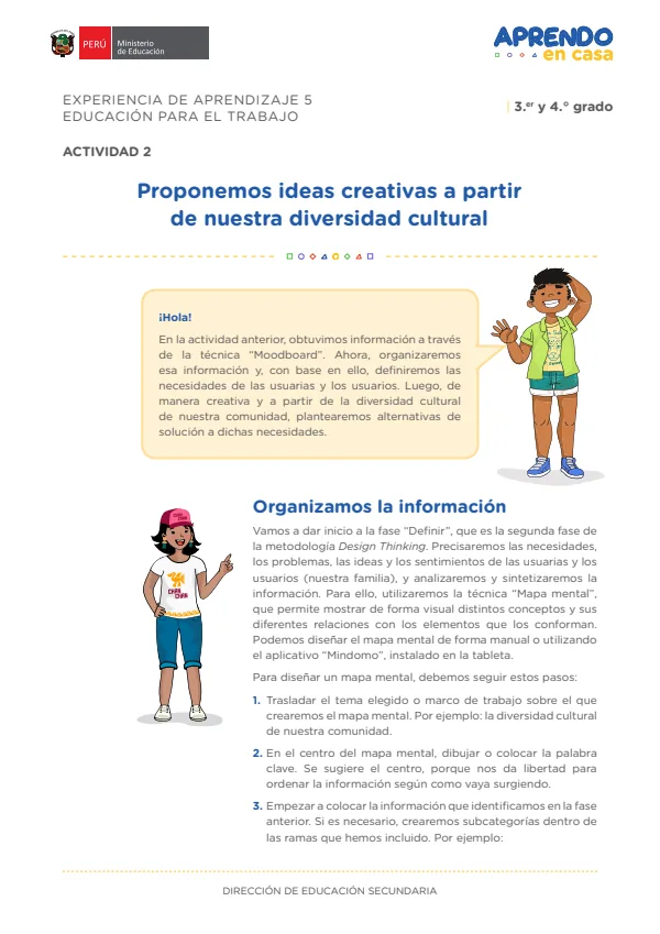 Proponemos ideas creativas a partir de nuestra diversidad cultural: experiencia de aprendizaje 5, Educación para el trabajo (MINEDU) PDF 1 Portada de Proponemos ideas creativas a partir de nuestra diversidad cultural: experiencia - 4.º grado de Secundaria - MINEDU