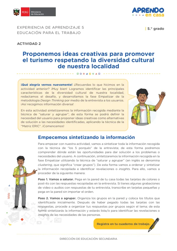 Proponemos ideas creativas para promover el turismo respetando la diversidad cultural de nuestra localidad: experiencia de aprendizaje 5 (MINEDU) PDF 1 Portada de Proponemos ideas creativas para promover el turismo respetando la diversidad cultural - 5.º grado de Secundaria - MINEDU
