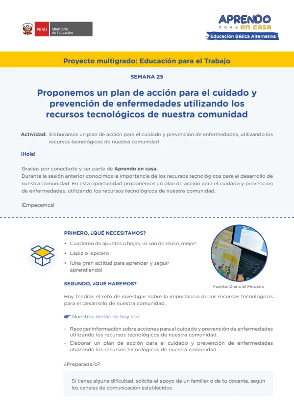 Proponemos un plan de acción para el cuidado y prevención de enfermedades utilizando los recursos tecnológicos de nuestra comunidad (MINEDU) PDF 1 Portada de Proponemos un plan de acción para el cuidado y prevención de enfermedades utilizando - Educación Básica Alternativa (EBA) - MINEDU