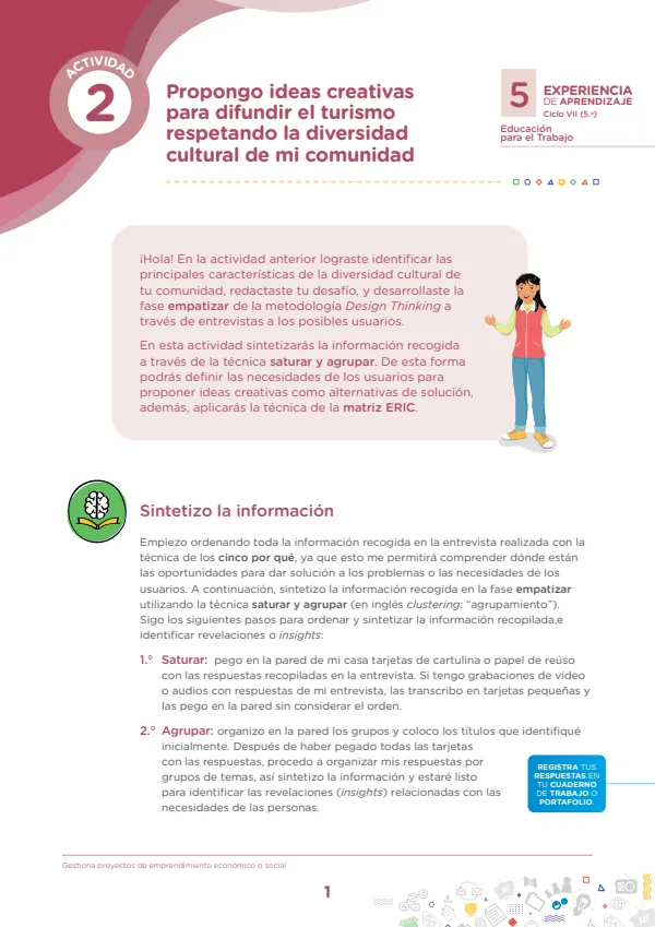 Propongo ideas creativas para difundir el turismo respetando la diversidad cultural de mi comunidad (MINEDU) PDF 1 Portada de Propongo ideas creativas para difundir el turismo respetando la diversidad cultural - 5.º grado de Secundaria - MINEDU
