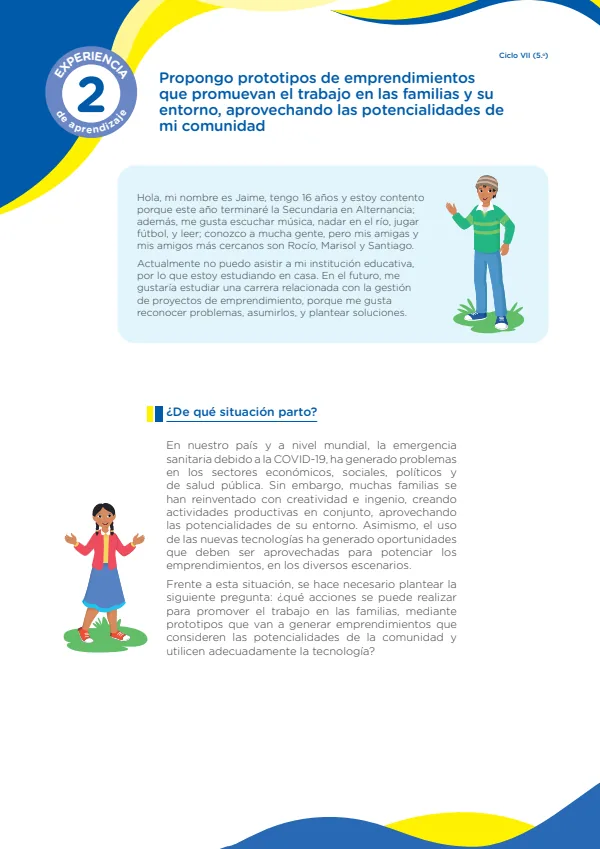 Propongo prototipos de emprendimientos que promuevan el trabajo en las familias y su entorno, aprovechando las potencialidades de mi comunidad (MINEDU) PDF 1 Portada de Propongo prototipos de emprendimientos que promuevan el trabajo en las familias y su - 5.º grado de Secundaria - MINEDU