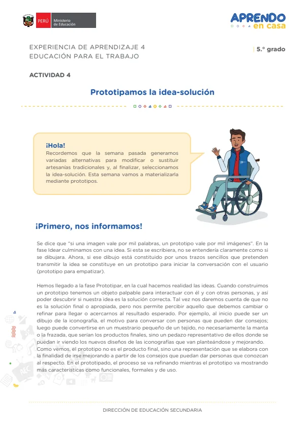 Prototipamos la idea-solución: experiencia de aprendizaje 4, Educación para el trabajo (MINEDU) PDF 1 Portada de Prototipamos la idea-solución: experiencia de aprendizaje 4, Educación para el trabajo - 5.º grado de Secundaria - MINEDU