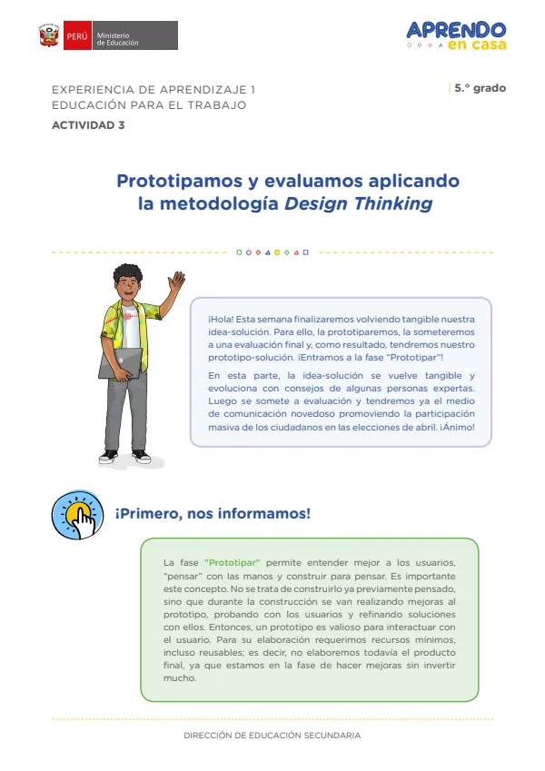 Prototipamos y evaluamos aplicando la metodología Design Thinking: experiencia de aprendizaje 1 (MINEDU) PDF 1 Portada de Prototipamos y evaluamos aplicando la metodología Design Thinking: experiencia - 5.º grado de Secundaria - MINEDU