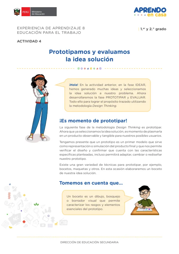 Prototipamos y evaluamos la idea solución: experiencia de aprendizaje 8, Educación para el trabajo (MINEDU) PDF 1 Portada de Prototipamos y evaluamos la idea solución: experiencia de aprendizaje 8, Educación - 2.º grado de Secundaria - MINEDU