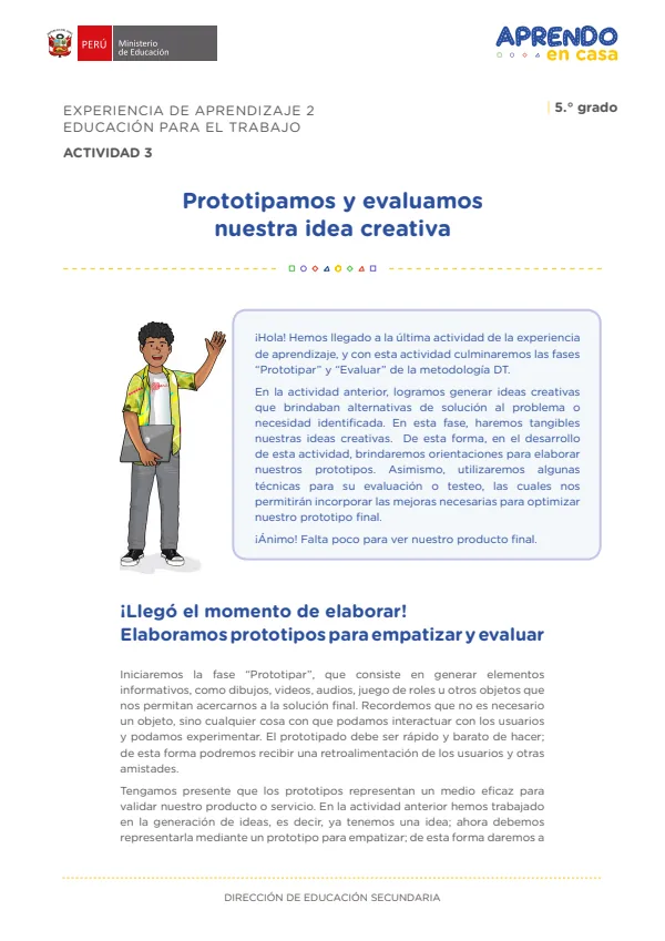 Prototipamos y evaluamos nuestra idea creativa: experiencia de aprendizaje 2, Educación para el trabajo (MINEDU) PDF 1 Portada de Prototipamos y evaluamos nuestra idea creativa: experiencia de aprendizaje 2, Educación - 5.º grado de Secundaria - MINEDU